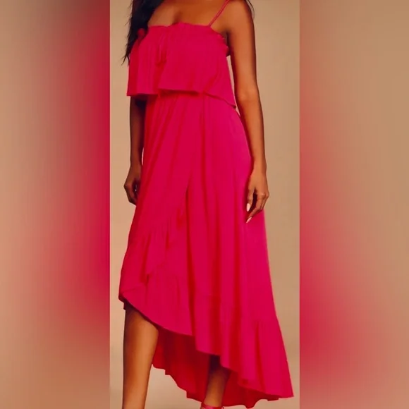 Lulus Maxi Dress High Low Smocked Low Cut Ruffles Layered in Hot Pink Size M NWT - Picture 1 of 11